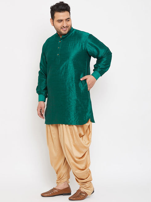 Vastramay Men's Plus Size Green Silk Blend Curved Kurta Dhoti Set